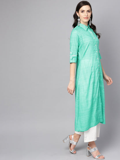 Women's Turquoise Blue A-Line Kurta With Shirt Collar & 3/4 Sleeves