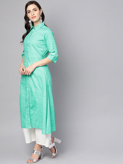 Women's Turquoise Blue A-Line Kurta With Shirt Collar & 3/4 Sleeves