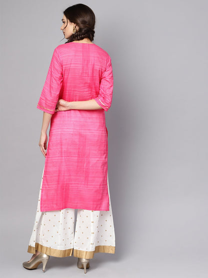 Women's Pink Straight Kurta With Round Neck Emblished With Gotta