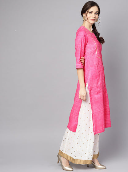 Women's Pink Straight Kurta With Round Neck Emblished With Gotta