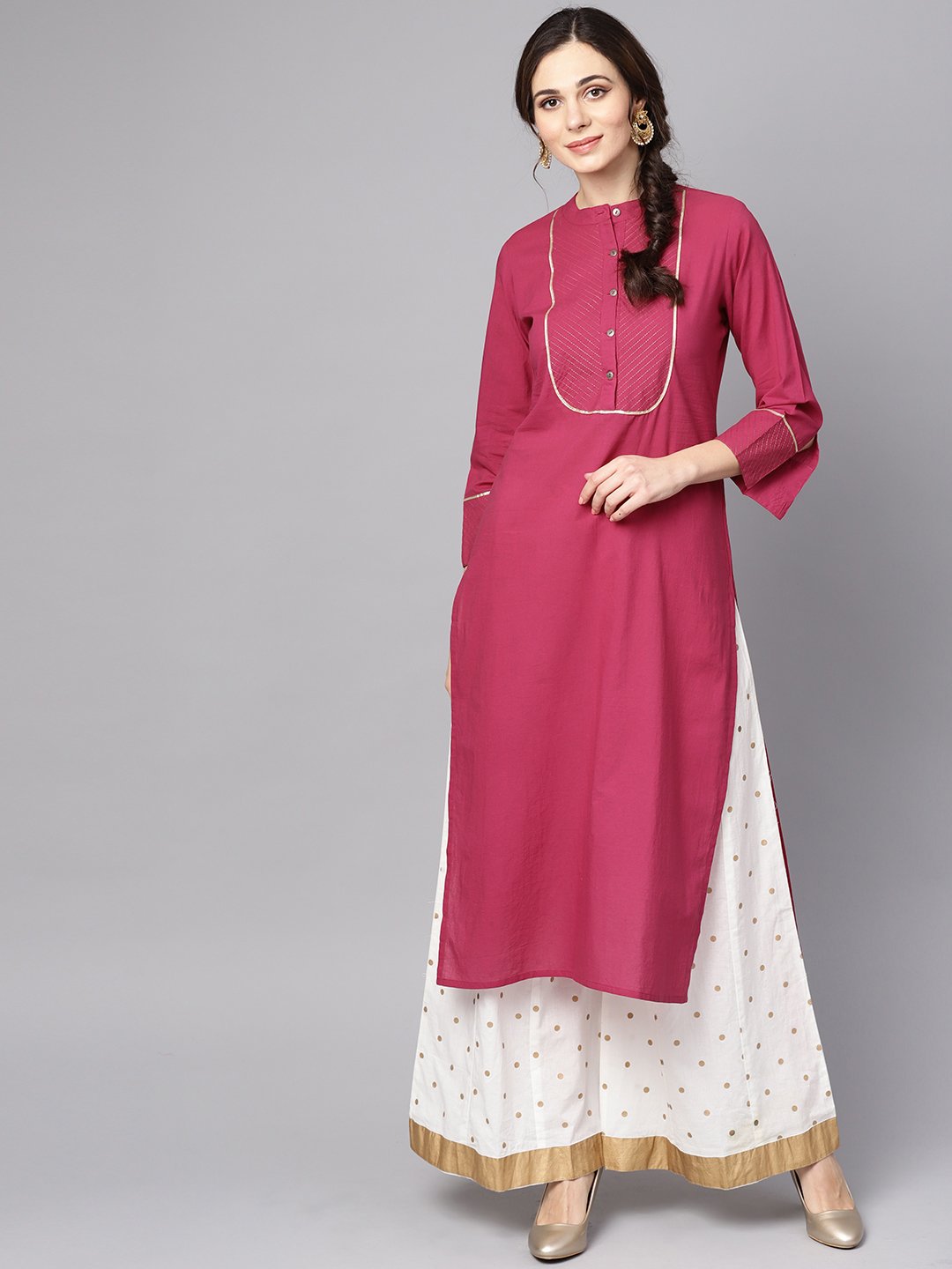 Women's Burgundy Kurta Detailed With Gotta & Golden Thread Stitch At Yoke