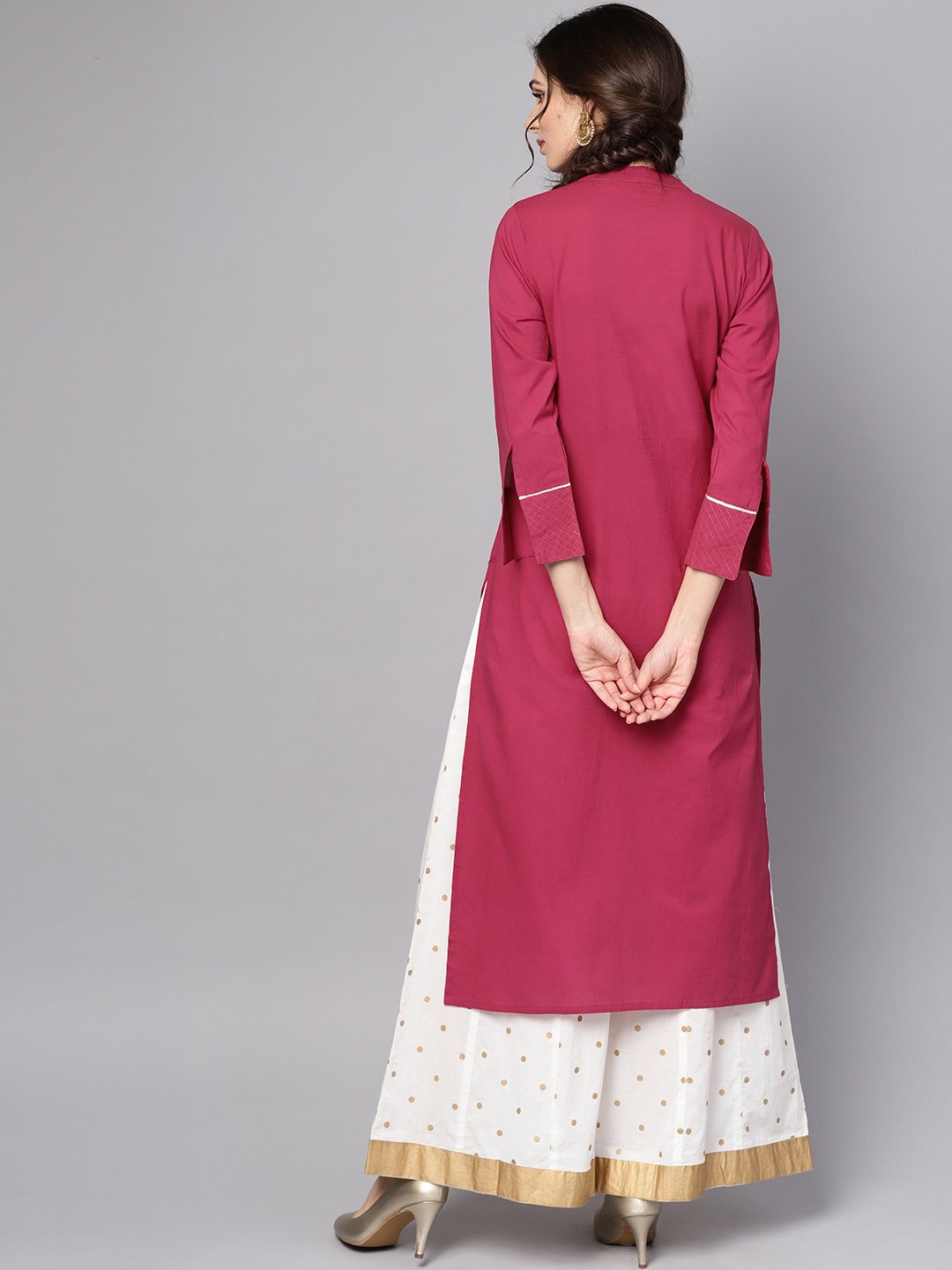 Women's Burgundy Kurta Detailed With Gotta & Golden Thread Stitch At Yoke