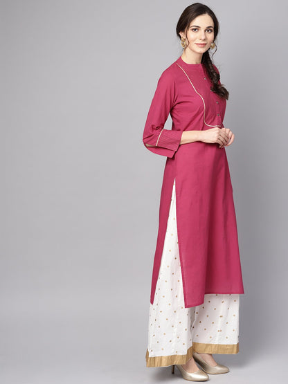 Women's Burgundy Kurta Detailed With Gotta & Golden Thread Stitch At Yoke