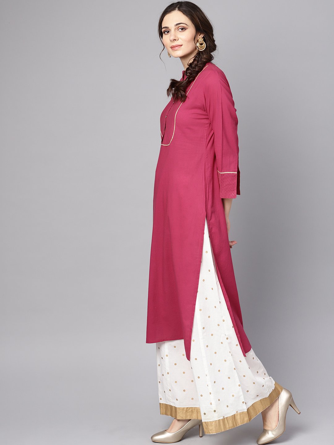 Women's Burgundy Kurta Detailed With Gotta & Golden Thread Stitch At Yoke