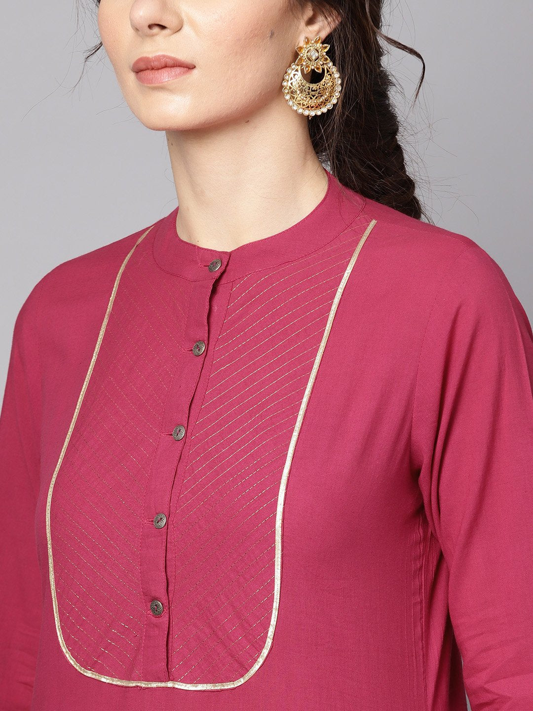 Women's Burgundy Kurta Detailed With Gotta & Golden Thread Stitch At Yoke