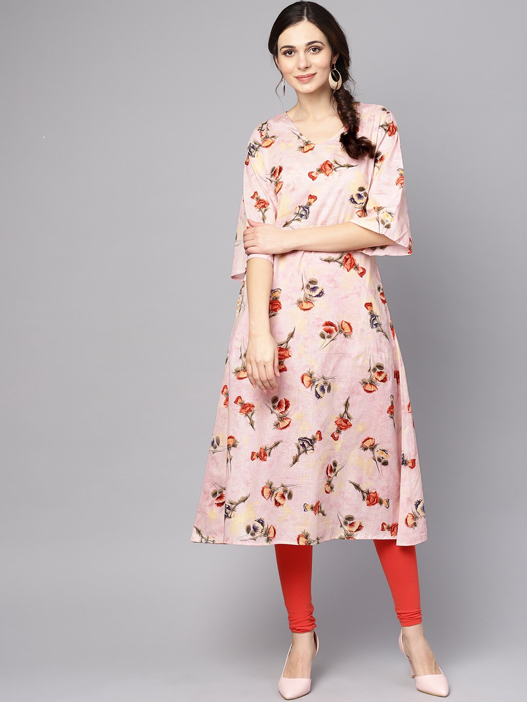 Women's Pastel Pink Floral Printed Kurta With V-Neck & Bell Sleeves