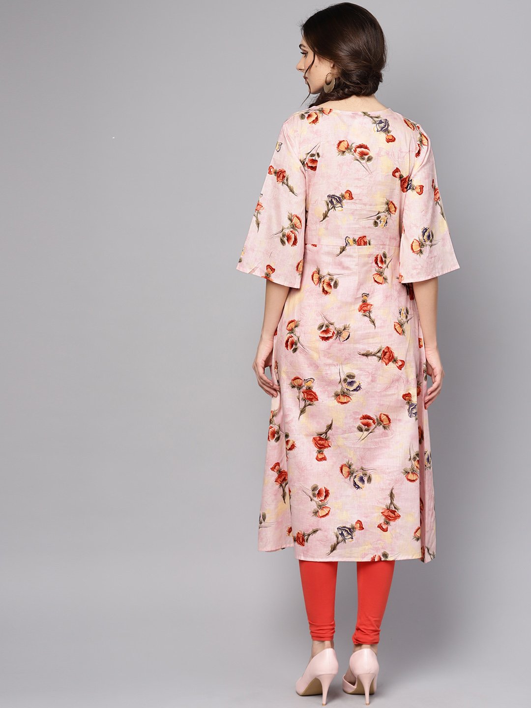 Women's Pastel Pink Floral Printed Kurta With V-Neck & Bell Sleeves