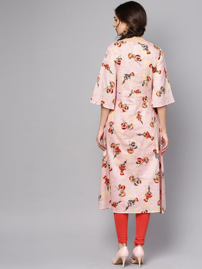 Women's Pastel Pink Floral Printed Kurta With V-Neck & Bell Sleeves