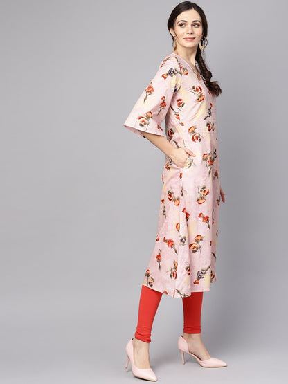 Women's Pastel Pink Floral Printed Kurta With V-Neck & Bell Sleeves