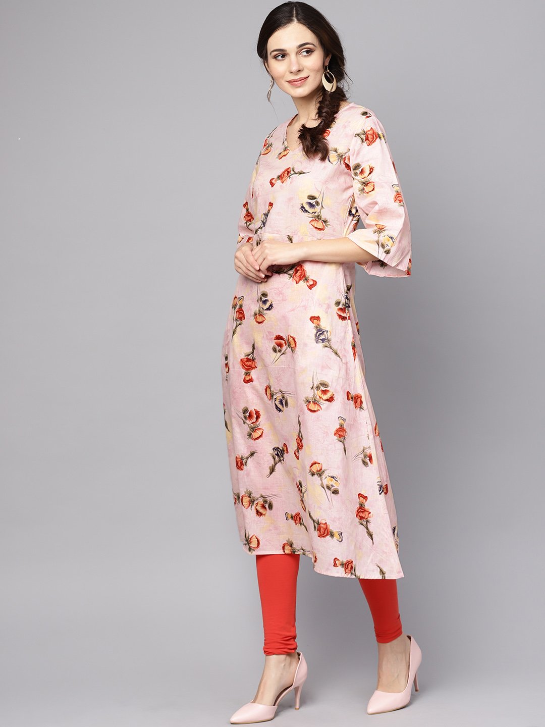 Women's Pastel Pink Floral Printed Kurta With V-Neck & Bell Sleeves