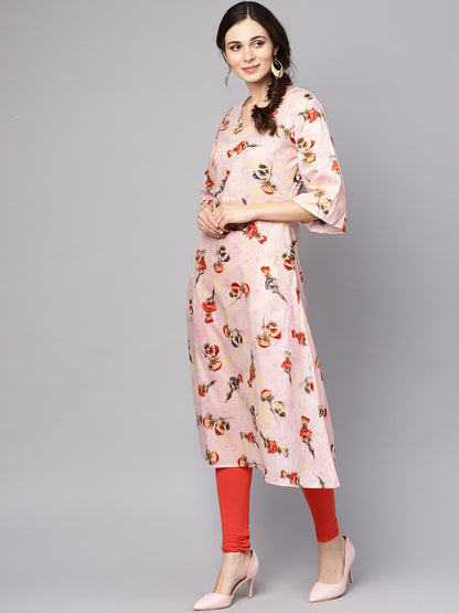 Women's Pastel Pink Floral Printed Kurta With V-Neck & Bell Sleeves