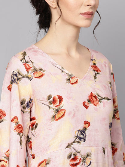 Women's Pastel Pink Floral Printed Kurta With V-Neck & Bell Sleeves
