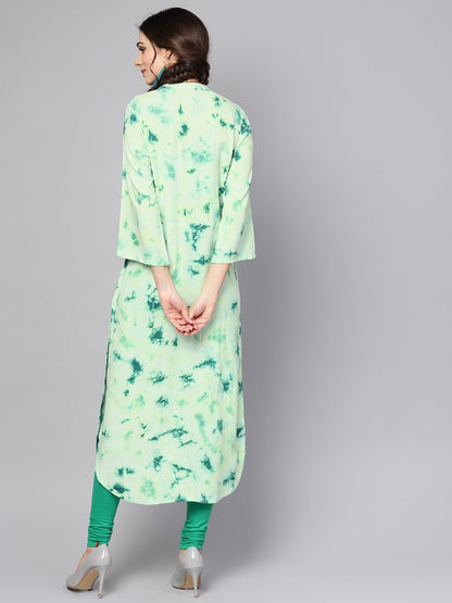 Women's Green Tie & Dye Kurta With Mandarin Collar With Flared Sleeves