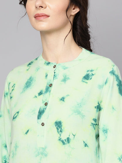 Women's Green Tie & Dye Kurta With Mandarin Collar With Flared Sleeves