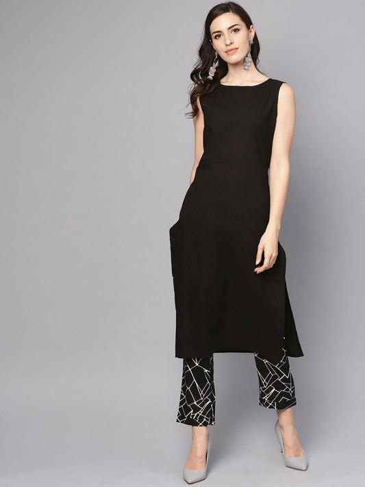 Women's Solid Black Sleeveless Kurta Set With Printed Pants