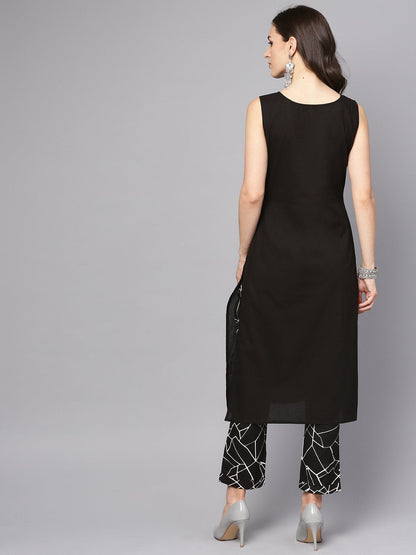 Women's Solid Black Sleeveless Kurta Set With Printed Pants