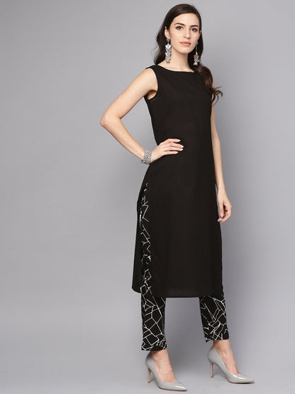 Women's Solid Black Sleeveless Kurta Set With Printed Pants