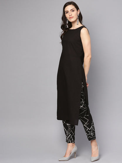 Women's Solid Black Sleeveless Kurta Set With Printed Pants