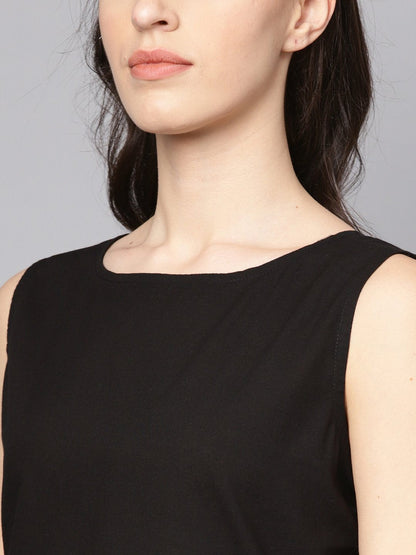 Women's Solid Black Sleeveless Kurta Set With Printed Pants