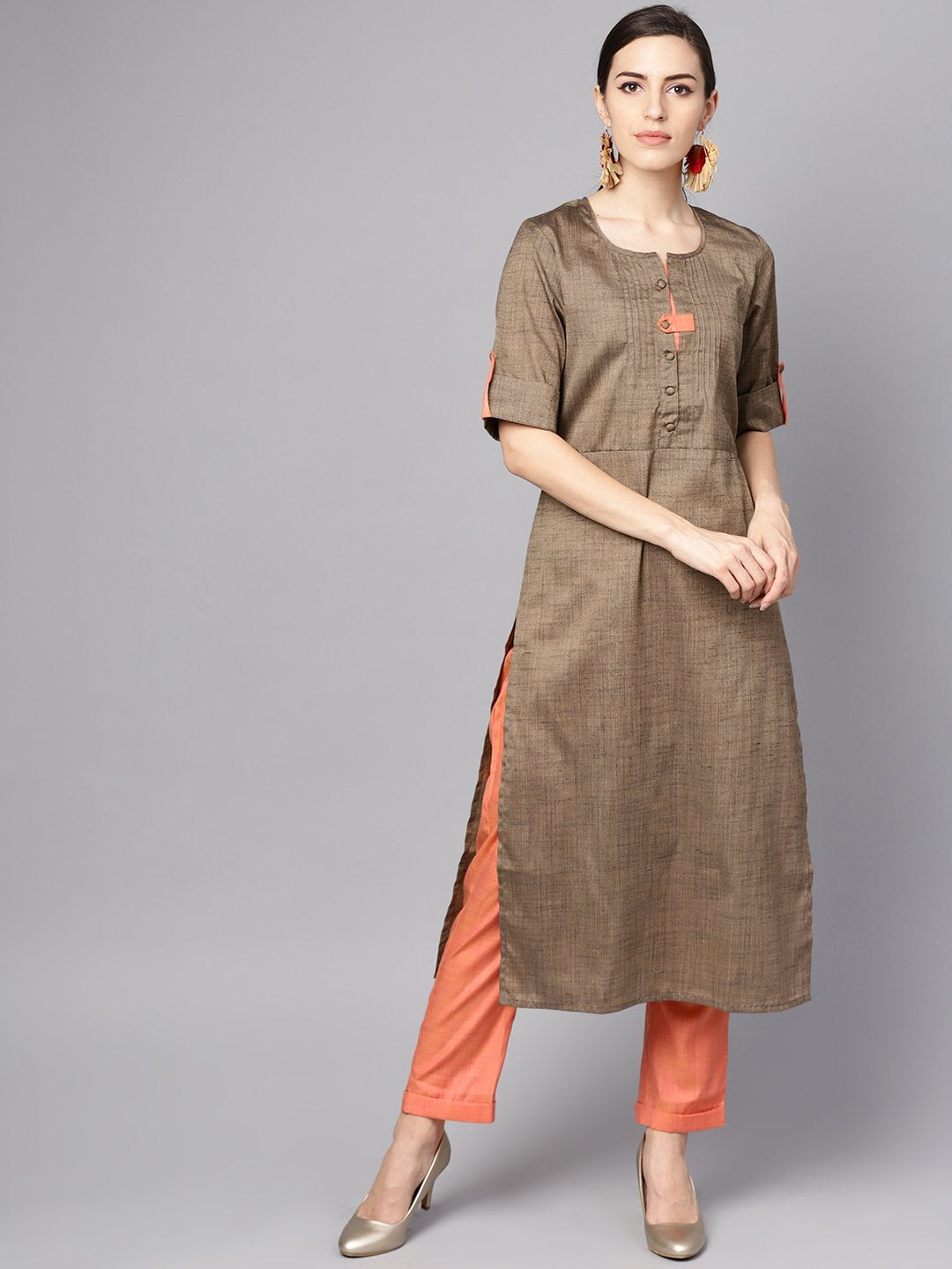 Women's Solid Brown Half Sleeve Cotton Kurta With Solid Peach Pants