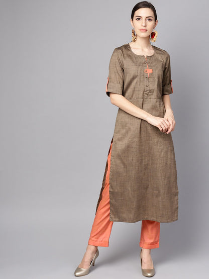 Women's Solid Brown Half Sleeve Cotton Kurta With Solid Peach Pants