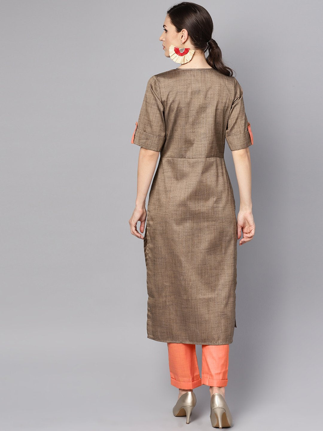 Women's Solid Brown Half Sleeve Cotton Kurta With Solid Peach Pants