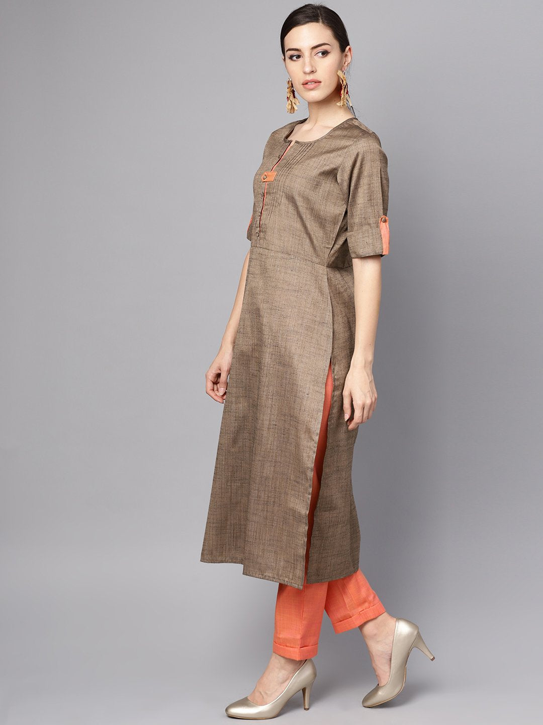 Women's Solid Brown Half Sleeve Cotton Kurta With Solid Peach Pants