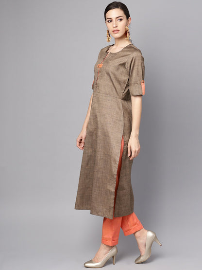 Women's Solid Brown Half Sleeve Cotton Kurta With Solid Peach Pants