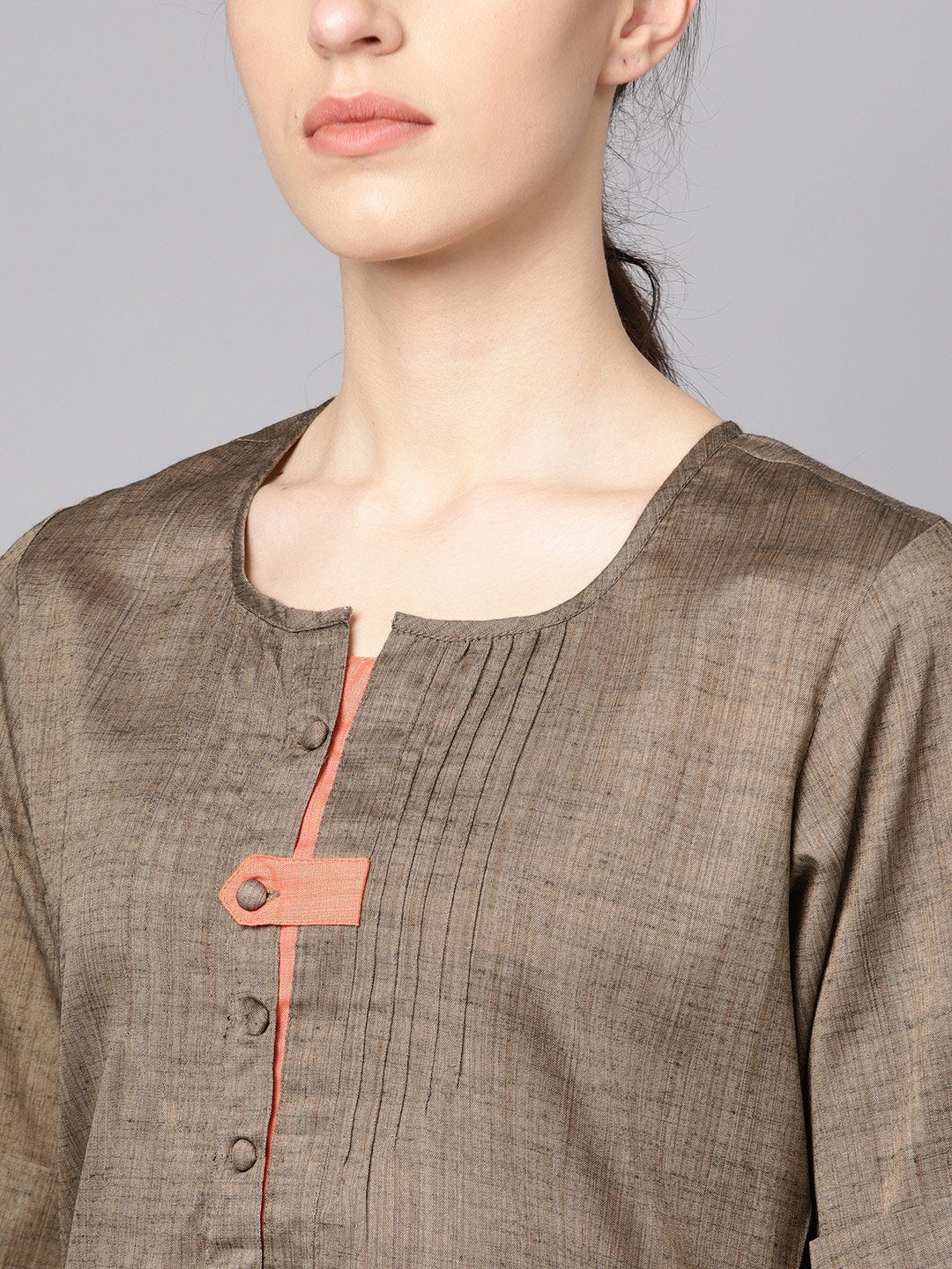 Women's Solid Brown Half Sleeve Cotton Kurta With Solid Peach Pants