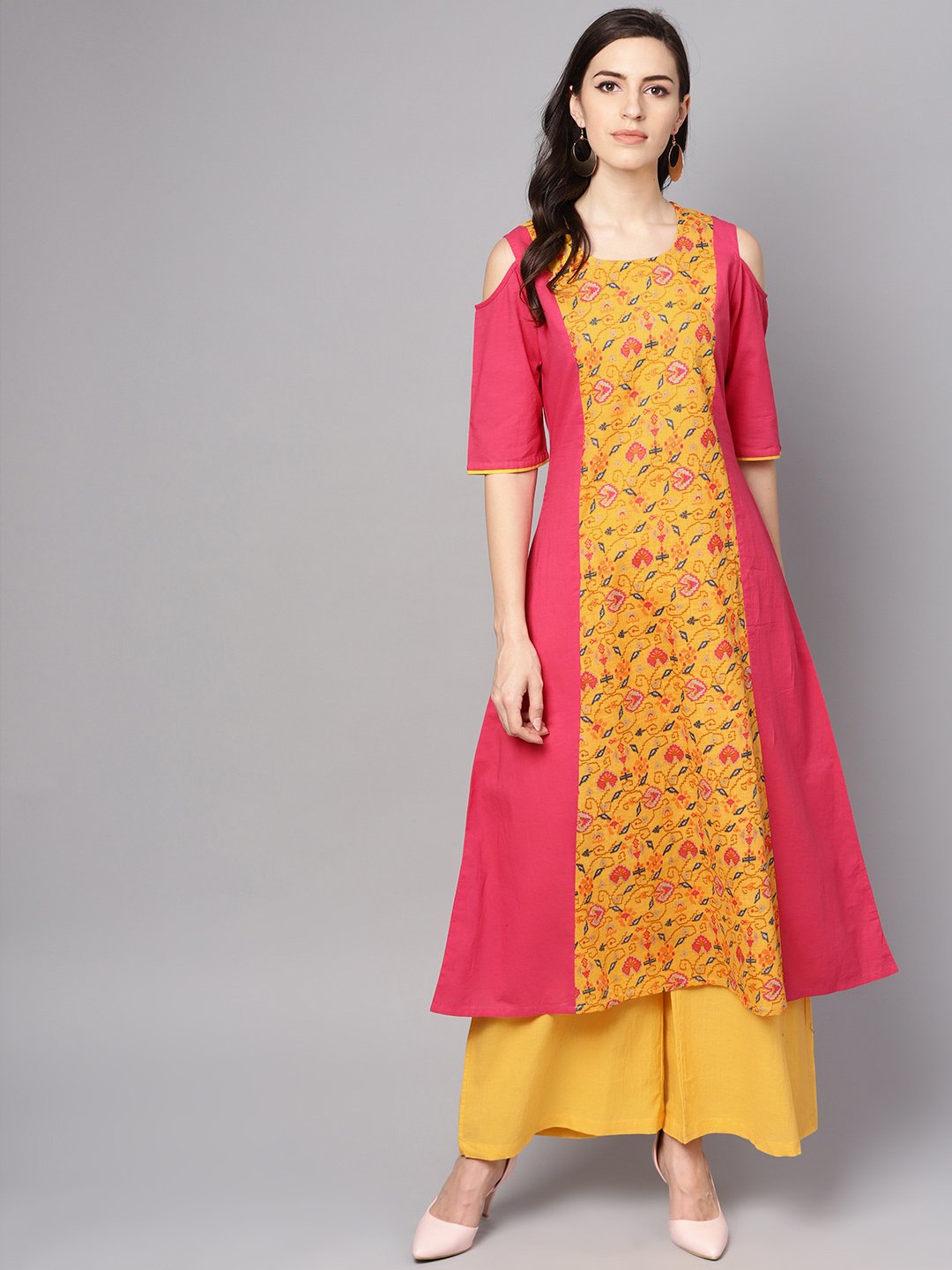 Women's Yellow Patola Printed Cold Shoulder Sleeve Cotton Kurta With Solid Flared Palazzo