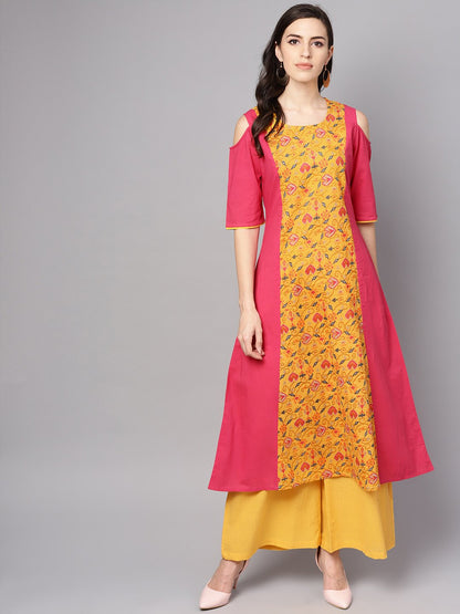 Women's Yellow Patola Printed Cold Shoulder Sleeve Cotton Kurta With Solid Flared Palazzo