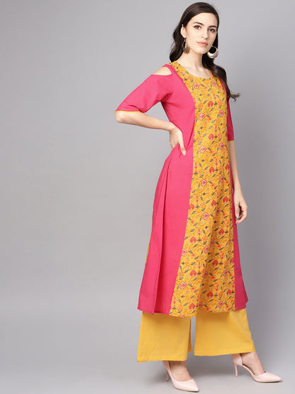 Women's Yellow Patola Printed Cold Shoulder Sleeve Cotton Kurta With Solid Flared Palazzo