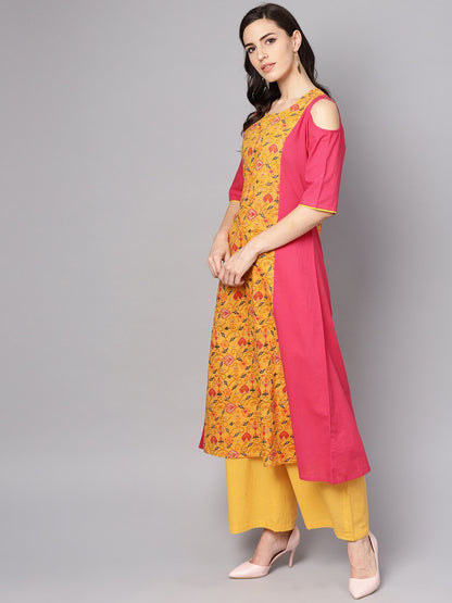Women's Yellow Patola Printed Cold Shoulder Sleeve Cotton Kurta With Solid Flared Palazzo