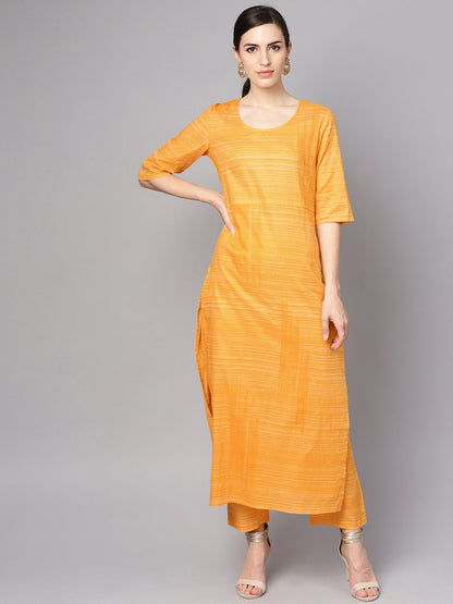 Women's Yellow Cotton Slub Half Sleeve Kurta Set With Pants