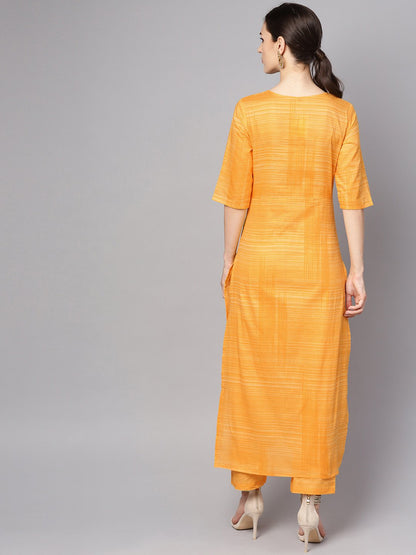 Women's Yellow Cotton Slub Half Sleeve Kurta Set With Pants