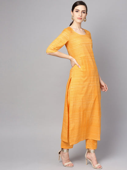 Women's Yellow Cotton Slub Half Sleeve Kurta Set With Pants
