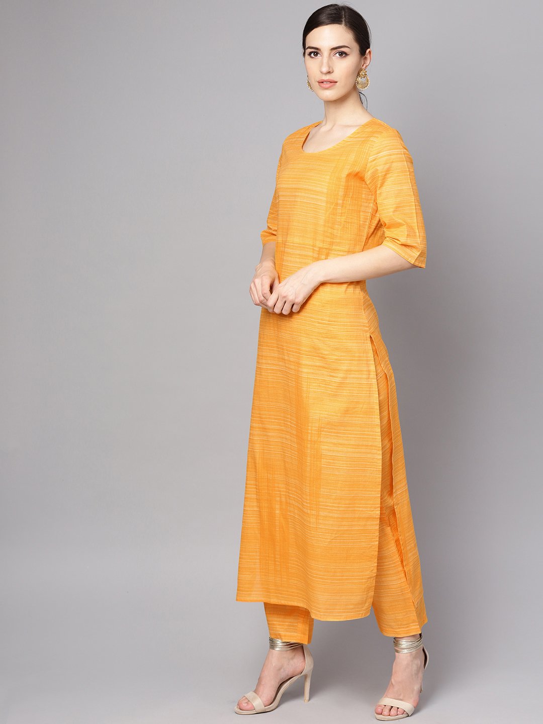 Women's Yellow Cotton Slub Half Sleeve Kurta Set With Pants