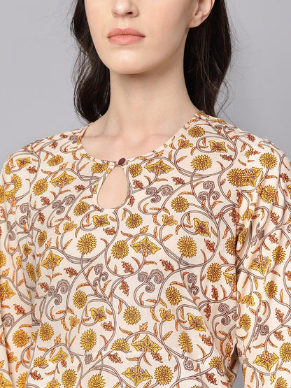 Women's Round Neck Kurta With Gathered Full Sleeves & Handkerchief Palazzo