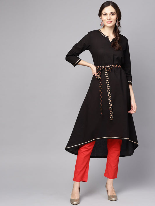 Women's Solid Black Asyemmetric Kurta With Printed Belt