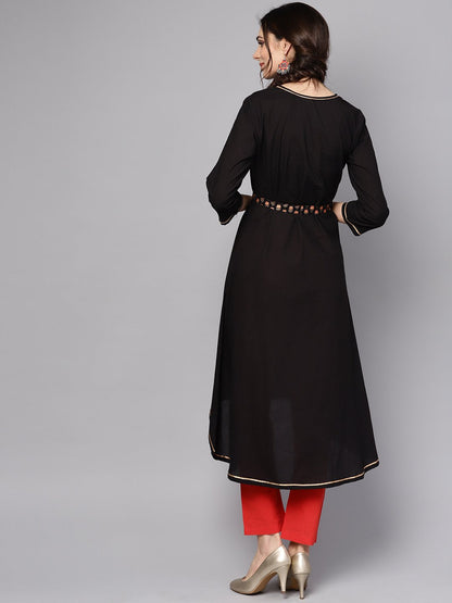 Women's Solid Black Asyemmetric Kurta With Printed Belt