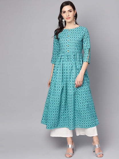 Women's Blue Checked Pleated Kurta With Round Neck & 3/4 Sleeves