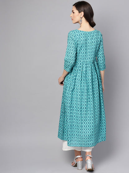 Women's Blue Checked Pleated Kurta With Round Neck & 3/4 Sleeves