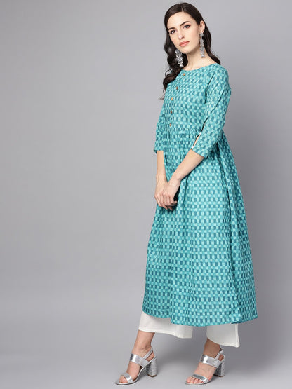 Women's Blue Checked Pleated Kurta With Round Neck & 3/4 Sleeves