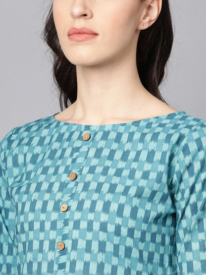 Women's Blue Checked Pleated Kurta With Round Neck & 3/4 Sleeves
