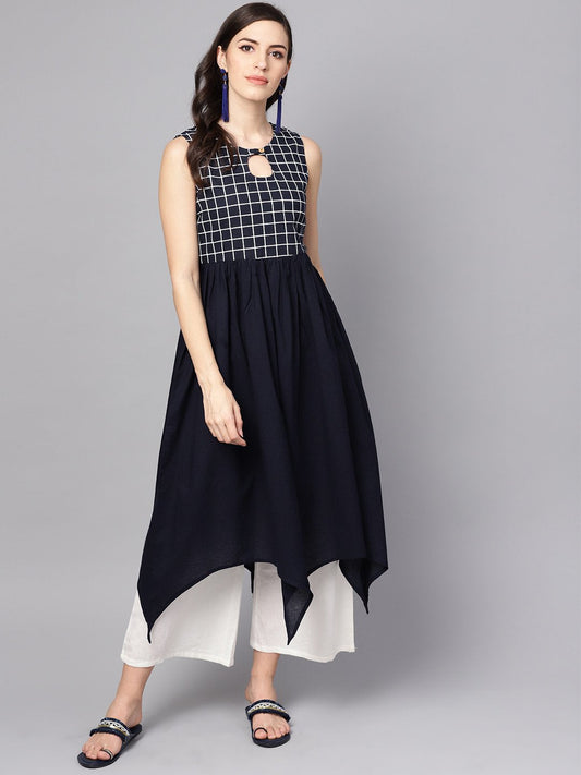Women's Black & White Checked Assyemtric Kurta With Keyhole Neckline
