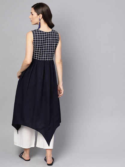 Women's Black & White Checked Assyemtric Kurta With Keyhole Neckline