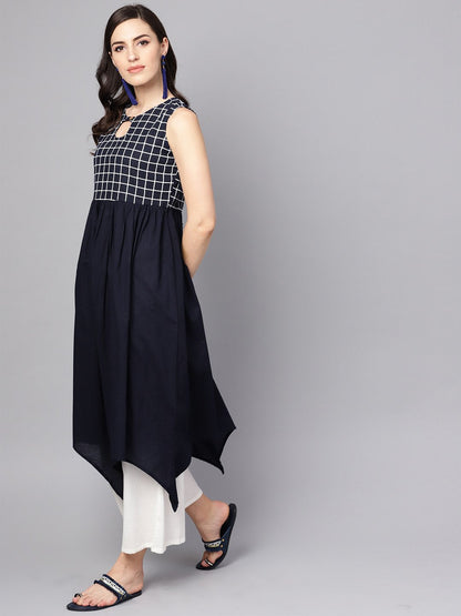 Women's Black & White Checked Assyemtric Kurta With Keyhole Neckline