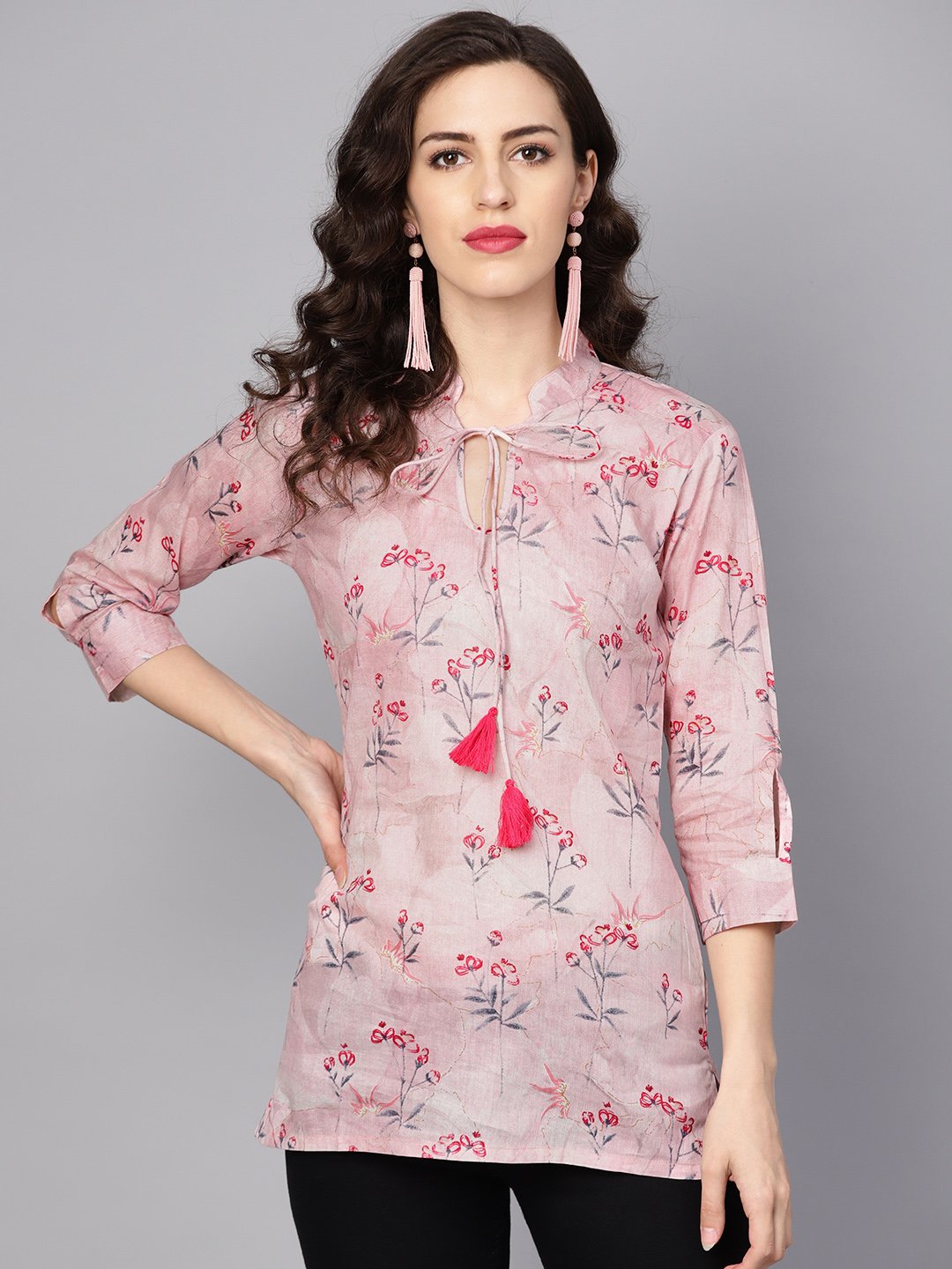 Women's Baby Pink Printed 3/4Th Sleeve Cotton Tunic