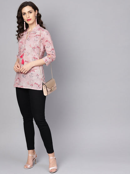 Women's Baby Pink Printed 3/4Th Sleeve Cotton Tunic