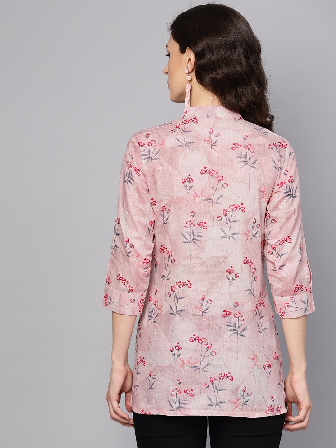 Women's Baby Pink Printed 3/4Th Sleeve Cotton Tunic